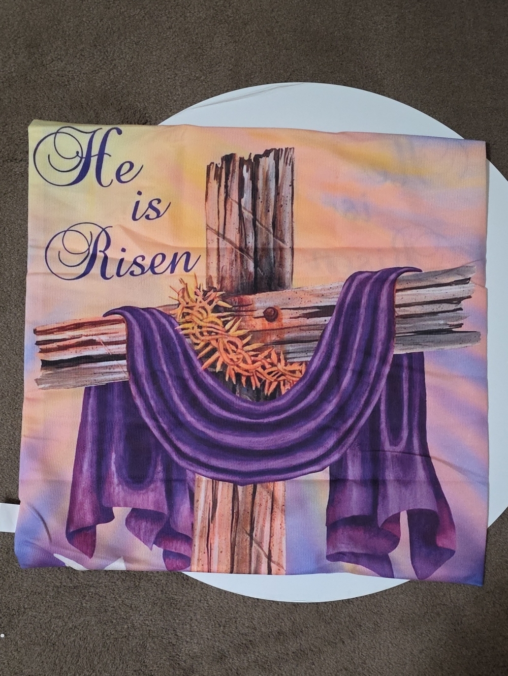 Purple Cross 'He is Risen' Pillow Cover